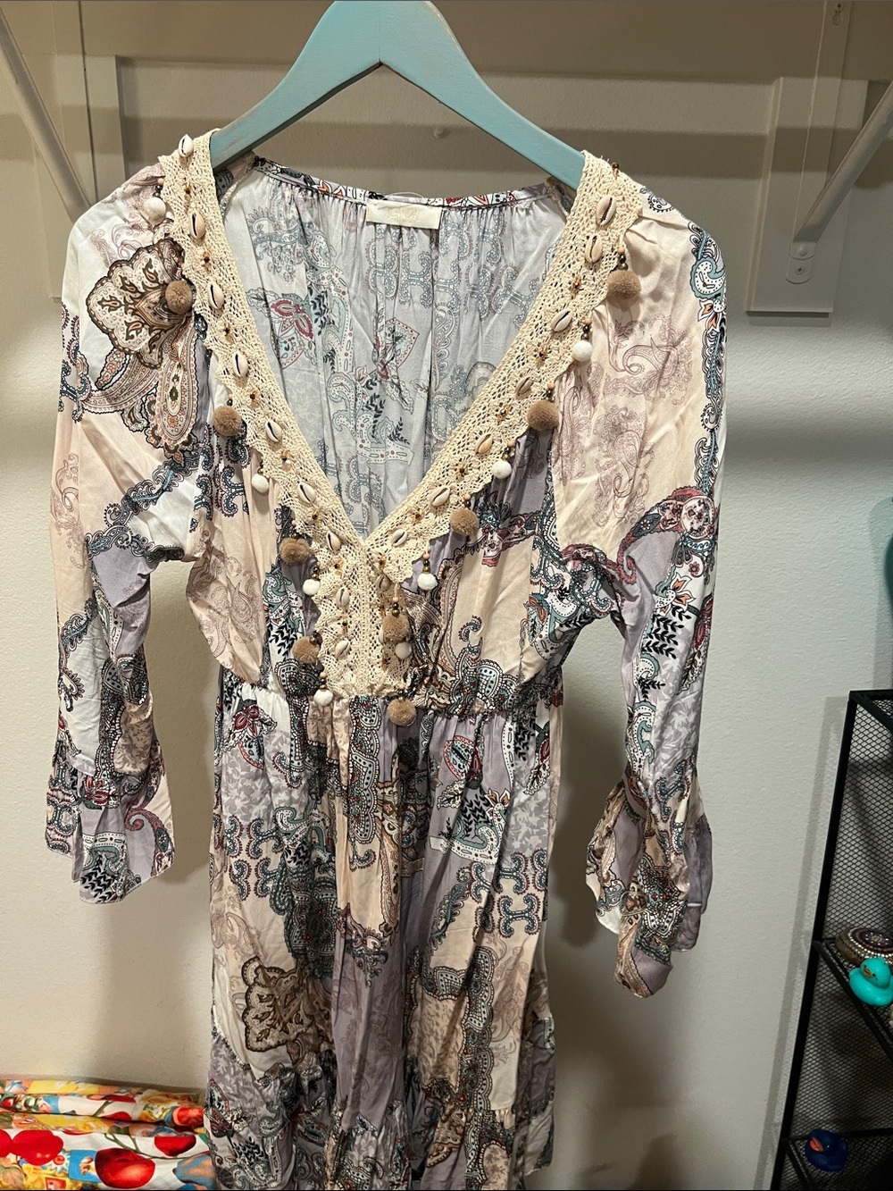 Boho Paisley Midi Dress with Crochet Trim - Cream & Gray
